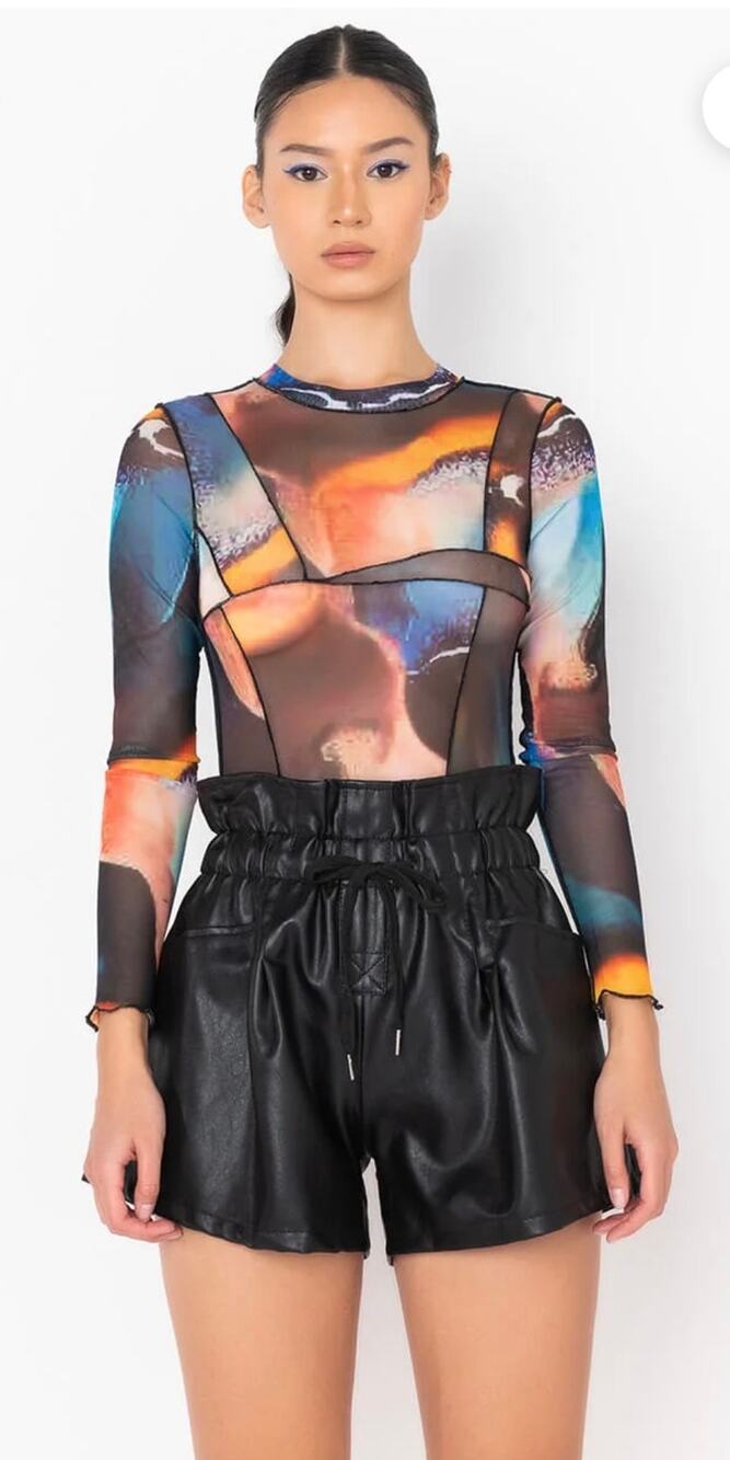 Akira 3 Swirl Mesh Long Sleeve Multicolor Bodysuit-Size M
